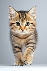 Obraz premium Adorable tabby kitten walking towards the camera on a gray background