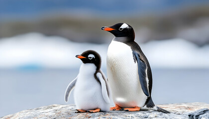 Obraz premium Adult and chick penguin on rock, Antarctic landscape