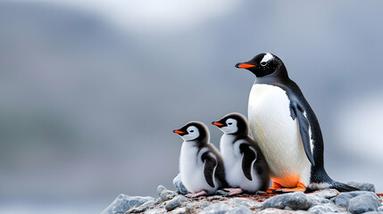 Obraz premium Adult penguin with two chicks on rocks, Antarctic landscape