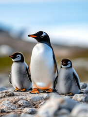 Obraz premium Adult penguin with two fluffy chicks on rocky ground