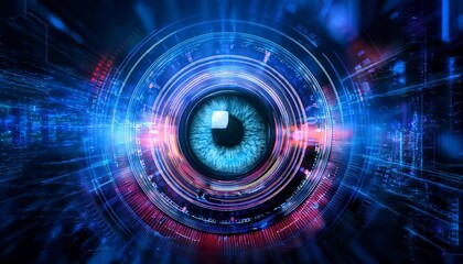 Fototapeta premium a digital eye that is surrounded by a circuit board-like design, representing technology and surveillance