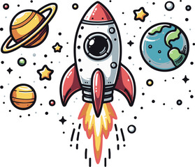 Cartoon rocket ship launching into space