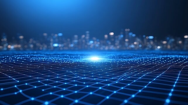 Futuristic cityscape with glowing network.