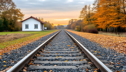 Fototapeta premium Autumnal train tracks vanishing into sunset, beside a small house and colorful trees