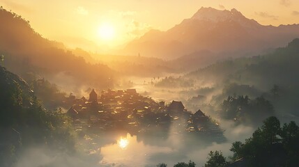 Naklejka premium A serene sunrise glowing above a quiet village nestled in a valley covered in mist
