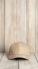Beige baseball cap on light wood background