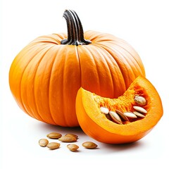 A vibrant orange pumpkin with a cut section revealing seeds, perfect for autumn-themed projects, cooking, and Halloween decorations.