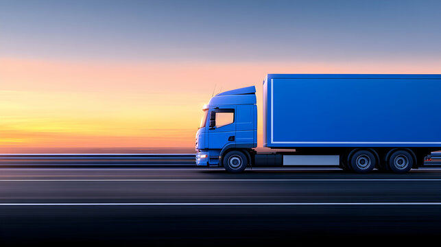 Blue semi-truck driving on highway at sunset (1)