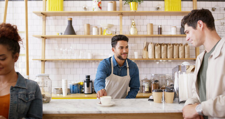 Man, barista and serving coffee at cafe for customer service, espresso drink and order collection....