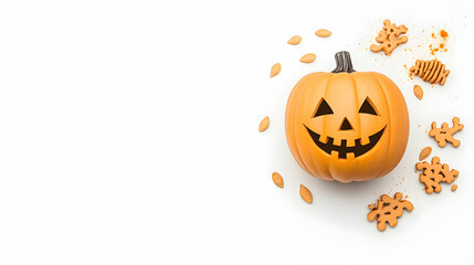 Carved Halloween pumpkin with autumnal treats on white