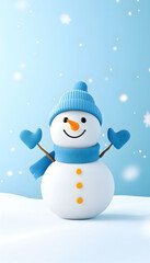 Cheerful snowman in blue hat and scarf, snowy background (1)