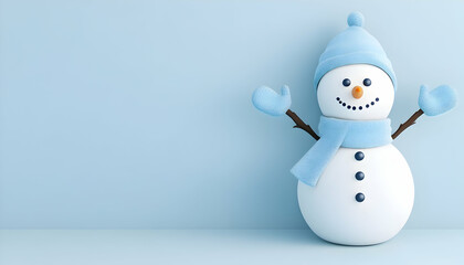 Fototapeta premium Cheerful snowman in blue hat and scarf against a light blue background