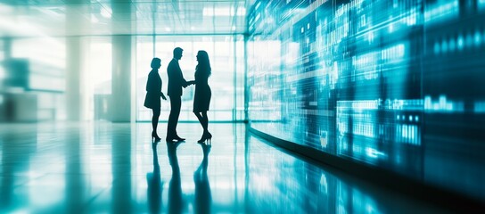 A group of people are standing in a large room with a blue background