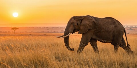 Fototapeta premium Majestic african elephant at sunset on the savannah nature photography golden hour serene landscape wild animal concept
