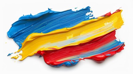 Fototapeta premium A textured canvas with bold acrylic paint strokes in red, blue, and yellow, isolated on a white background.