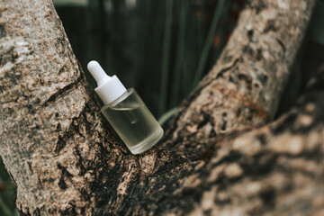 Natural serum in a glass bottle with a pipette on a tree background. The concept of natural cosmetics and oils for the skin and body. Moisturizing serum for face and hair