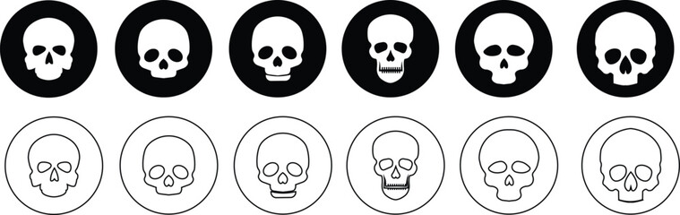 Fototapeta premium Skull pirate icon set logo Halloween ghost graphic danger anatomy symbol Silhouette. Cartoon skull death flat and line vector collection isolated on transparent background for apps and game