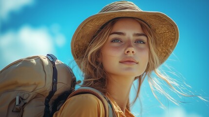 A solo female traveler enjoying a sunny beach vacation, smiling with a relaxed expression, wearing a hat and sunglasses, with the blue sky in the background.