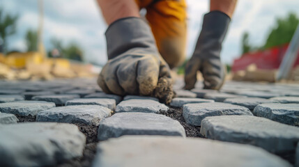 Worker laying stone pavement with precision and care