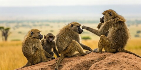Group of baboons grooming each other in the african savannah wildlife photography natural habitat close-up view social behavior