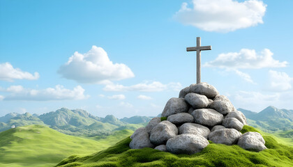 Cross atop a rock pile on a verdant hill against a scenic mountain backdrop under a bright sky