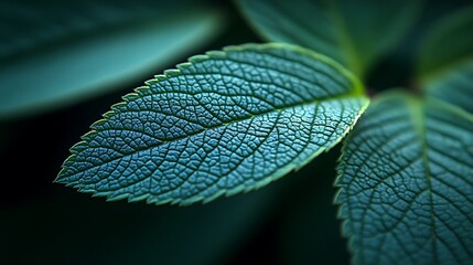 Close-up of a teal leaf's intricate venation.