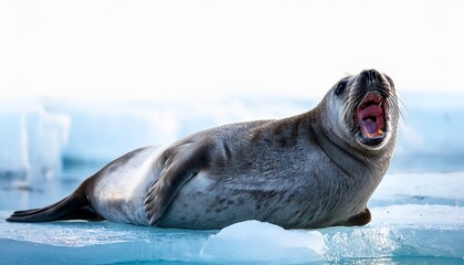 a seal with its mouth wide open laying on a snow and ice, showcasing its teeth in what appears to be a yawn or a call