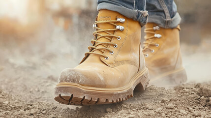 Close up of safety boots stepping on construction site with dust