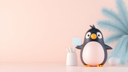 Naklejka premium Cute penguin holding blank sign near pastel plants