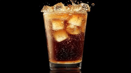 Refreshing Iced Brown Soda Drink in Glass with Splash Bubbles Ice Cubes