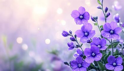 Dew-kissed purple flowers bloom in soft, sunlit garden