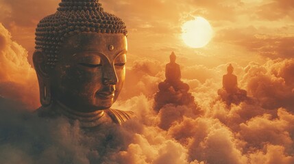 Serene Buddha Statues in Golden Sunset Cloudscape Peaceful Spiritual Meditation Scene
