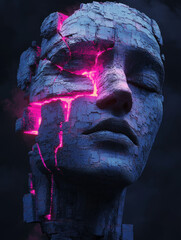 Futuristic cracked sculpture face with glowing neon lines.
