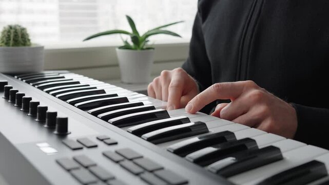 Man playing keyboard with his index fingers next to a window