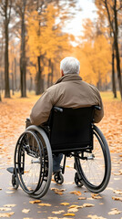 Elderly man in wheelchair enjoying autumn park