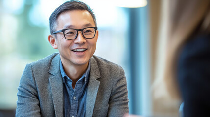 A smiling businessman wearing glasses, sitting at an office table and talking to another person