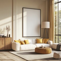 Sunlit living room with white sofa, yellow pillows, and large blank canvas.