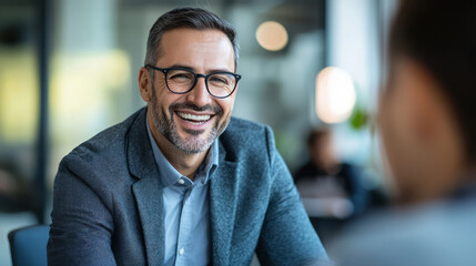 Obraz premium A smiling businessman wearing glasses, sitting at an office table and talking to another person