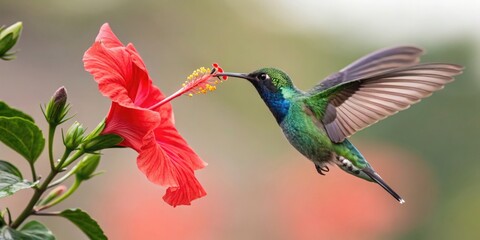 Fototapeta premium Hummingbird hovering over a vibrant flower in a lush garden nature photography close-up perspective pollination concept