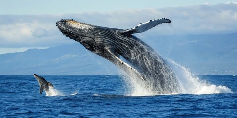 Fototapeta premium Humpback whale teaching its calf to breach in the pacific ocean wildlife photography marine environment underwater viewpoint nature conservation
