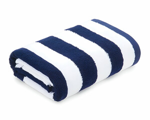 Folded navy and white striped beach towel