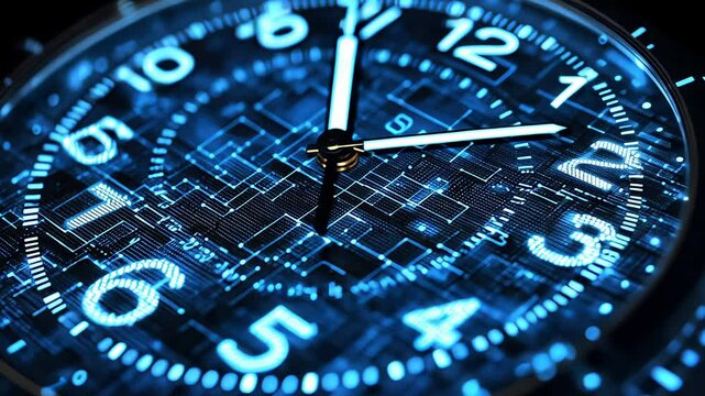 Futuristic digital clock display with illuminated circuitry and timelapse effect