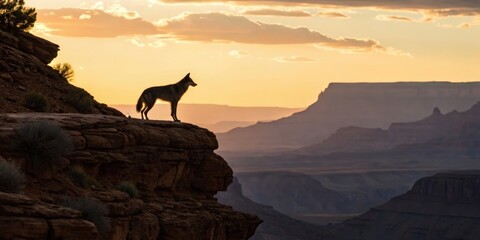 Solitary coyote standing on rocky cliff overlooking grand canyon at sunset nature photography dramatic landscape tranquil environment wide-angle perspective wildlife concept