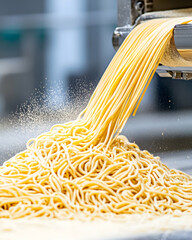 Fresh pasta strands extruding from a machine onto a pile