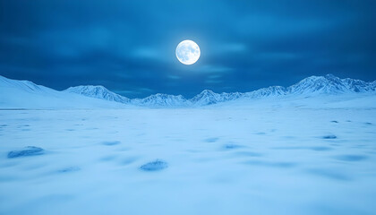 Full moon over a vast, snow-covered arctic plain, mountains in the distance under a twilight sky