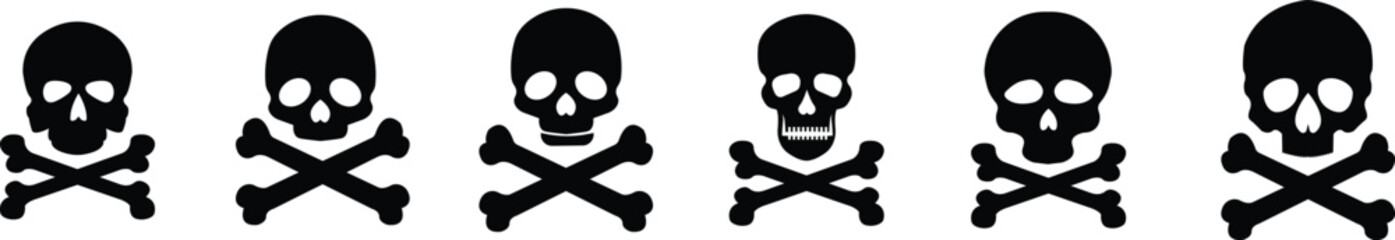 Skull crossbone pirate icon set logo Halloween ghost graphic danger anatomy symbol Silhouette. Cartoon skull death flat and line vector collection isolated on transparent background for apps and game