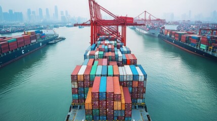 Fototapeta premium Container Ship at Busy Harbor for City Skyline.