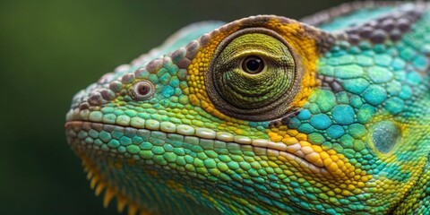 Fototapeta premium Close-up of a colorful chameleon's skin natural habitat macro photography jungle environment eye-level view vibrant color patterns
