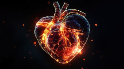 Fiery, detailed 3D rendering of a human heart. Ideal for medical, health, or passionate concepts.