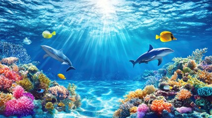 Naklejka premium Underwater Paradise: Dolphins and Vibrant Coral Reef